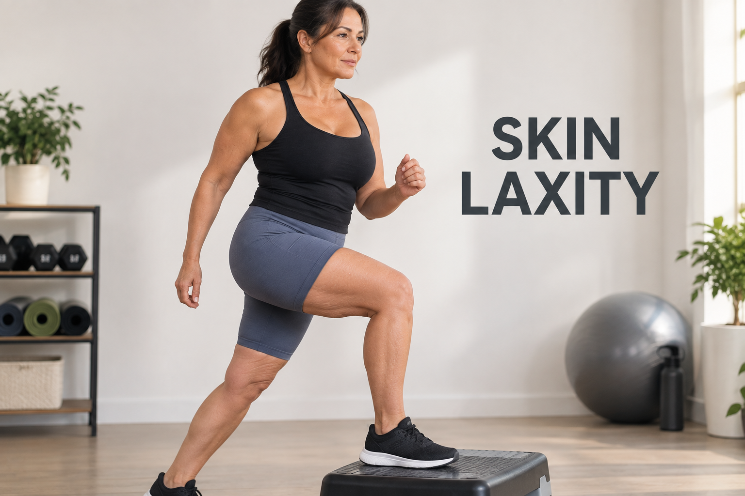Show a woman in her late 40s wearing fitted knee-length athletic shorts while stepping onto a low exercise platform, with natural movement making mild laxity around the upper thigh visible. Add only “SKIN LAXITY” in large mobile-friendly text. Show a woman in her late 40s wearing fitted knee-length athletic shorts while stepping onto a low exercise platform, with natural movement making mild laxity around the upper thigh visible. Add only “SKIN LAXITY” in large mobile-friendly text.