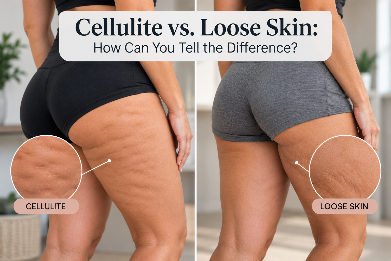 Side-by-side comparison of cellulite dimpling and loose skin on women’s upper thighs, highlighting visible differences in skin texture and laxity. Side-by-side comparison of cellulite dimpling and loose skin on women’s upper thighs, highlighting visible differences in skin texture and laxity.