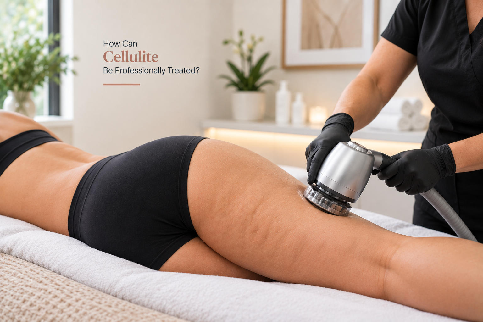 Professional cellulite treatment performed on a woman’s upper thigh using a handheld aesthetic device in a clean, modern medspa treatment room. Professional cellulite treatment performed on a woman’s upper thigh using a handheld aesthetic device in a clean, modern medspa treatment room.