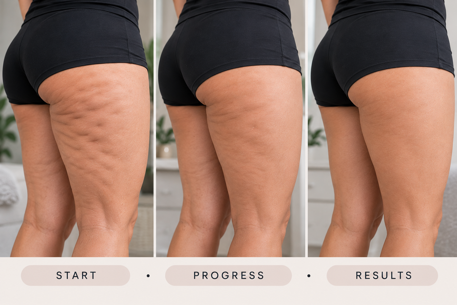 Progress images showing gradual improvement in the appearance of cellulite on a woman's thighs Progress images showing gradual improvement in the appearance of cellulite on a woman's thighs