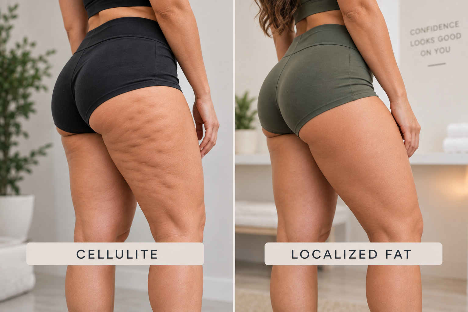 Comparison showing cellulite dimpling and localized fat around the thighs Comparison showing cellulite dimpling and localized fat around the thighs