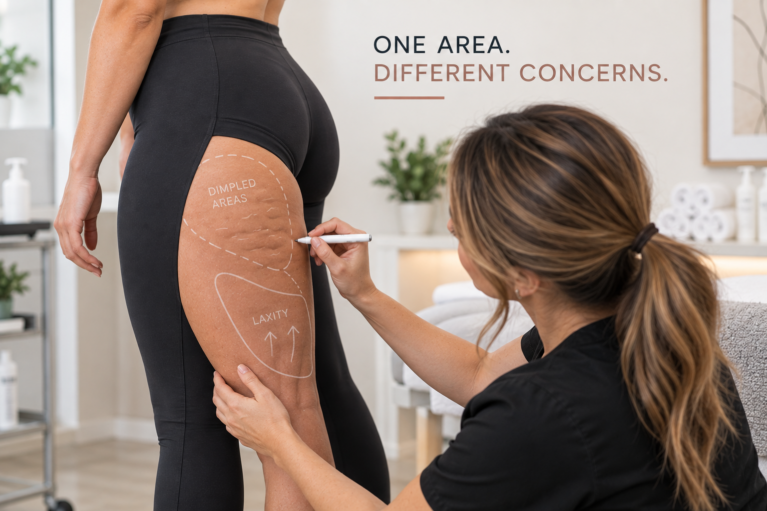Provider assessing areas of cellulite and skin laxity on a woman's thigh before treatment Provider assessing areas of cellulite and skin laxity on a woman's thigh before treatment
