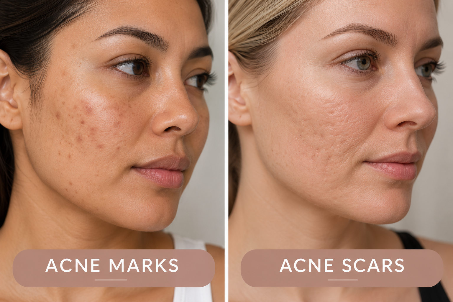 Comparison of flat post-acne marks and textured acne scars on women's cheeks