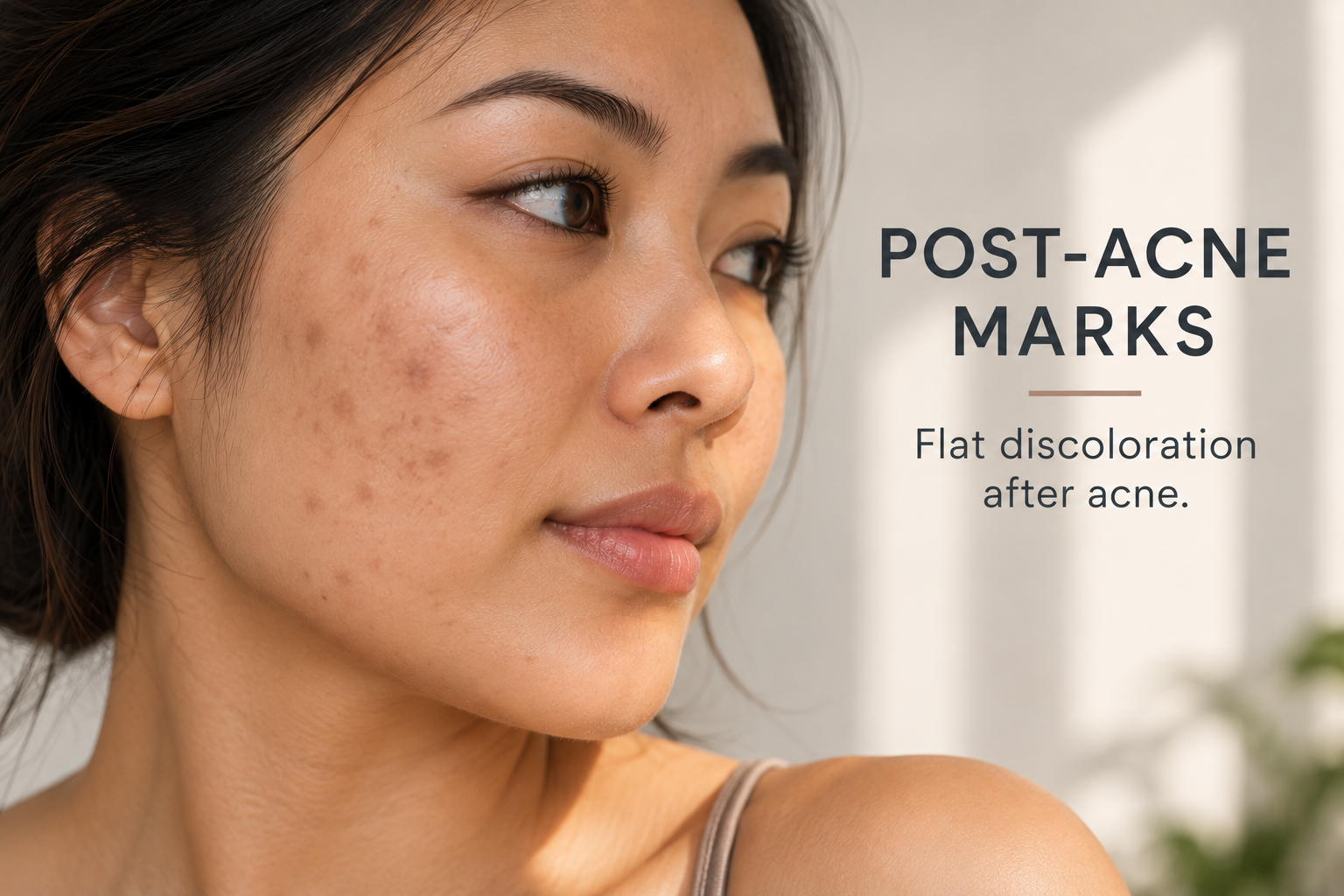 Woman with flat brown post-acne marks and hyperpigmentation on the cheek