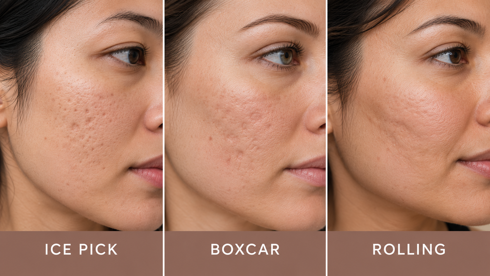 Examples of ice pick, boxcar, and rolling acne scars on facial skin