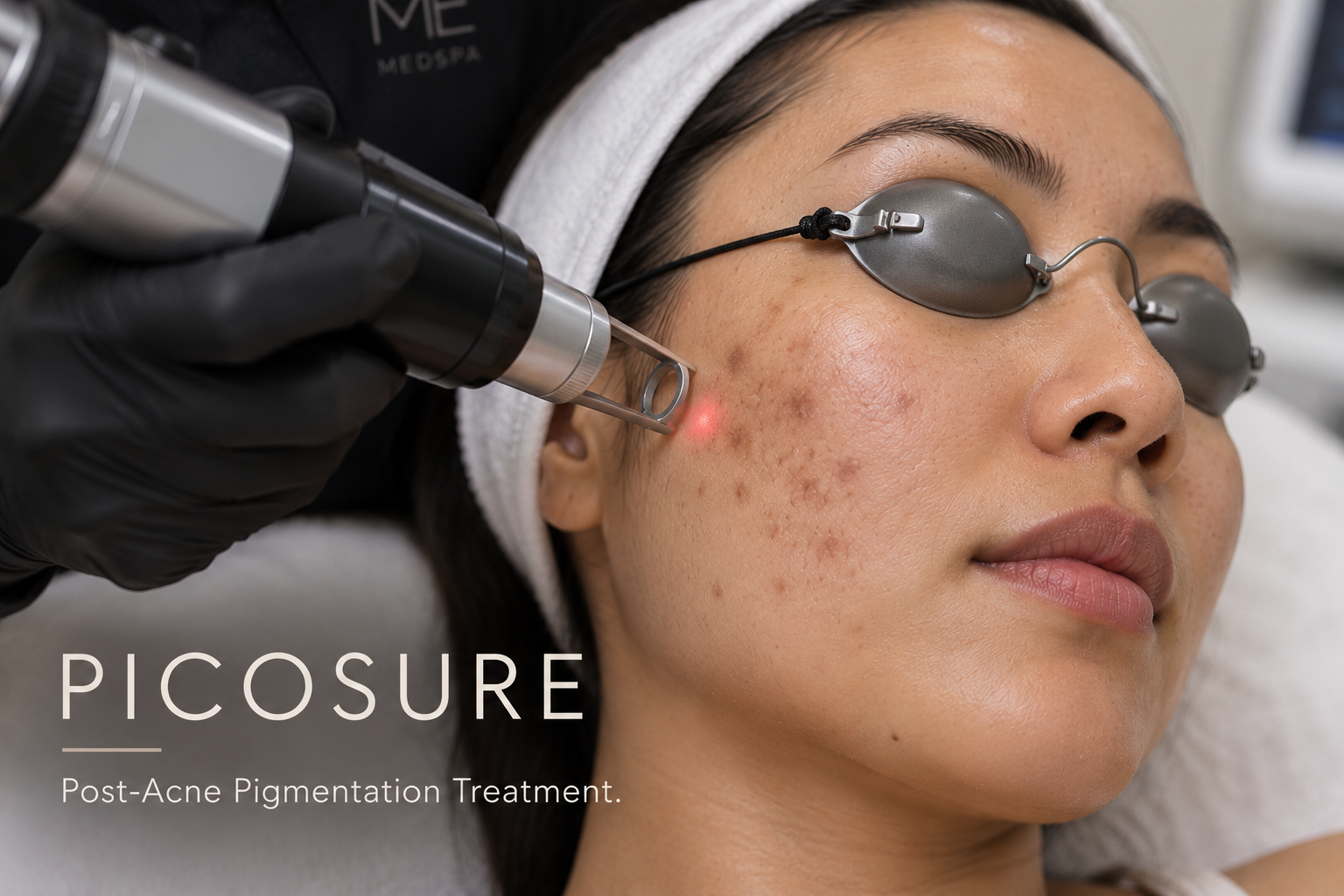 Woman receiving professional PicoSure laser treatment for post-acne pigmentation on the cheek