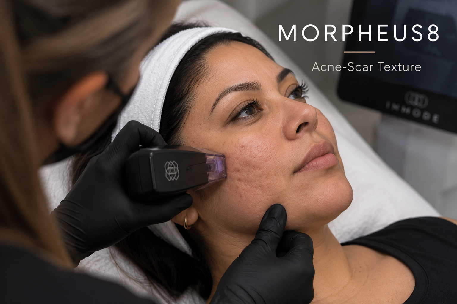Woman receiving Morpheus8 RF microneedling treatment for depressed acne scars on the cheek