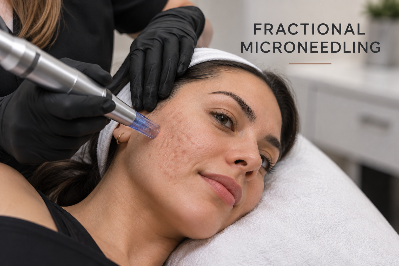  Woman receiving fractional microneedling treatment for acne-scar texture on the cheek