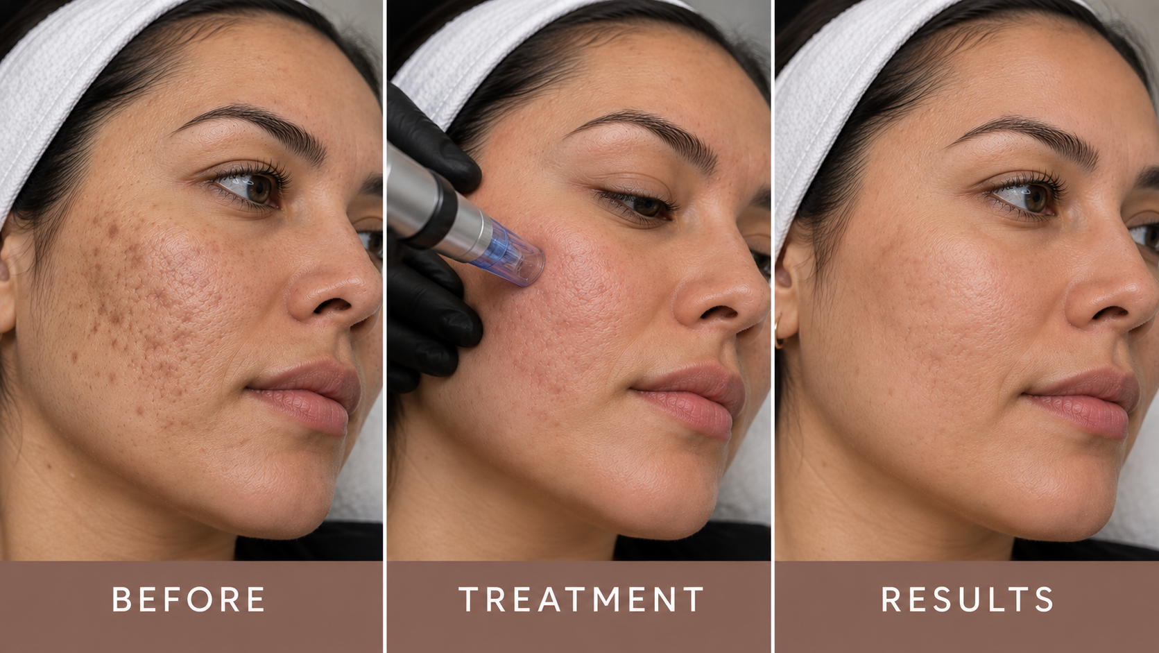 Before, professional treatment, and results showing improvement in post-acne marks and acne-scar texture