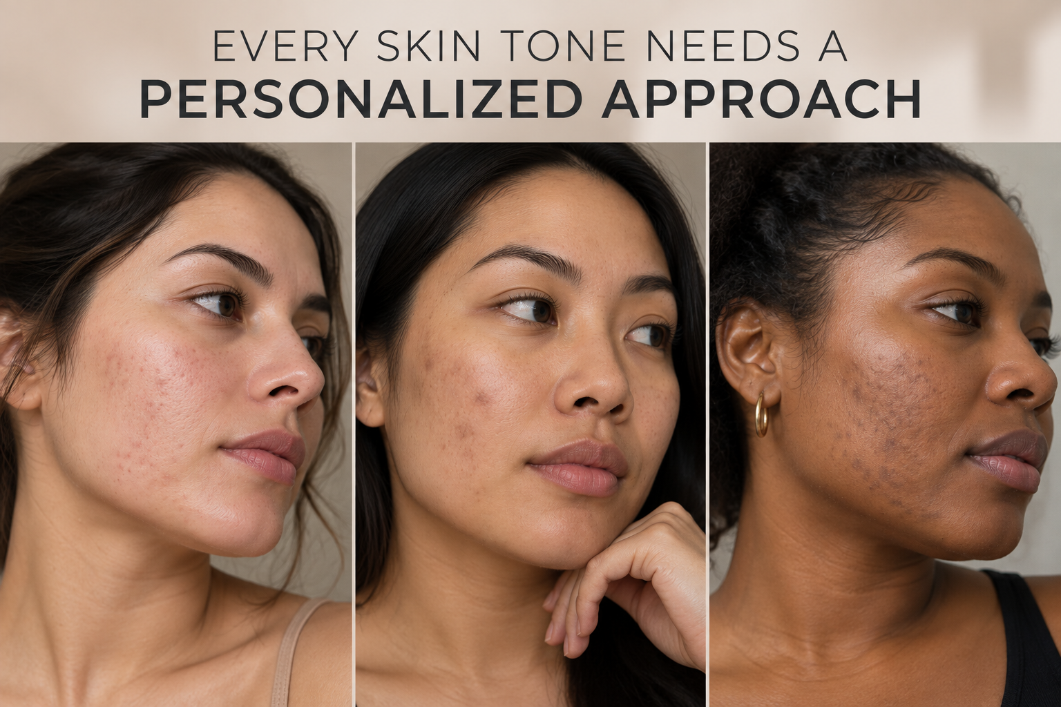 Women with different skin tones showing varied post-acne marks and acne-scar texture