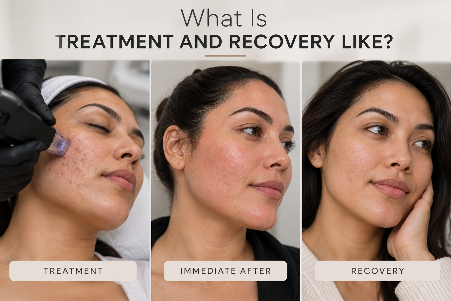 Three-stage image showing professional acne-scar treatment, temporary post-treatment facial redness, and skin during recovery with natural texture visible.