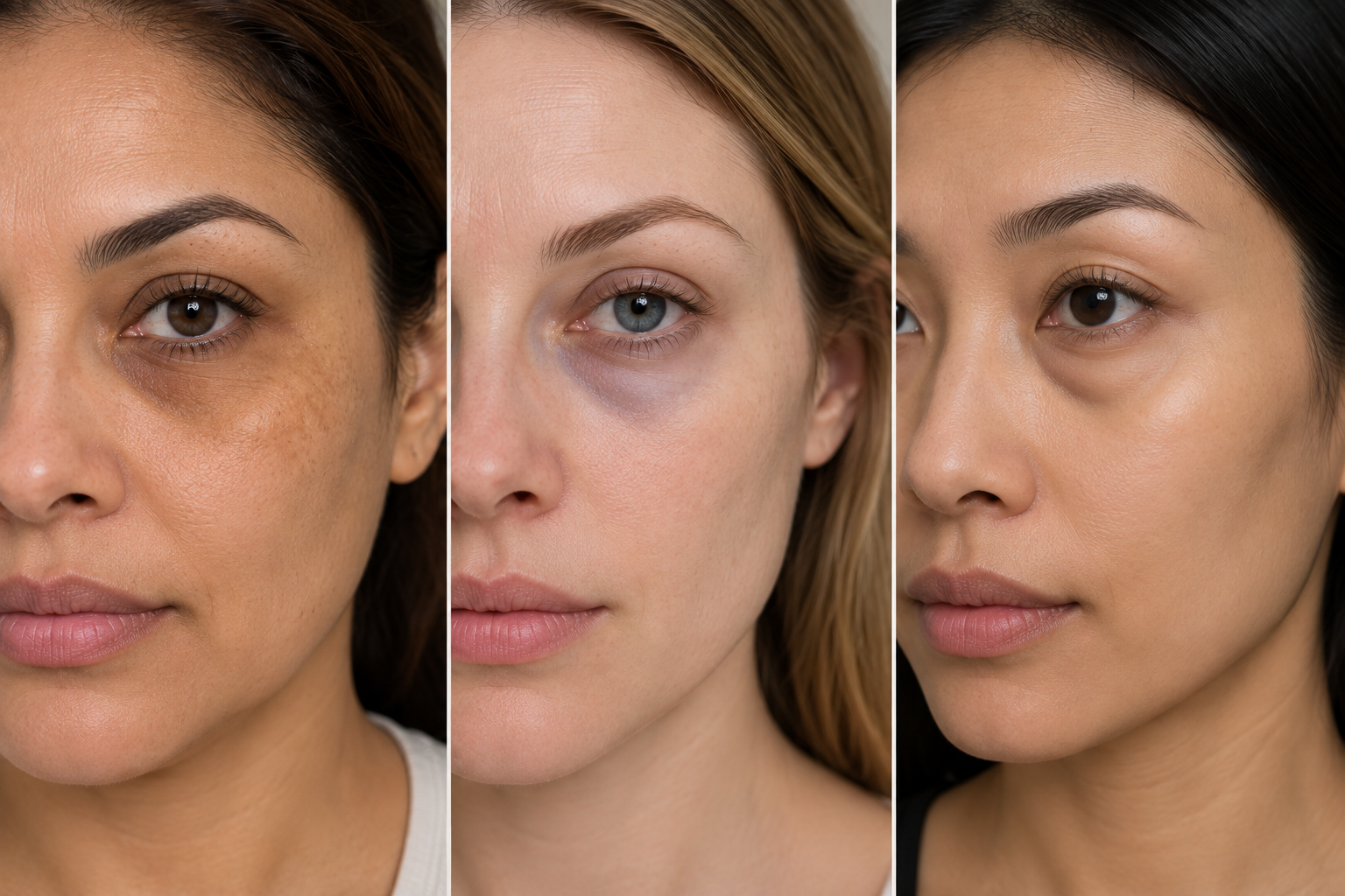 Women showing different appearances of under-eye dark circles including pigmentation, thin skin, and shadowing