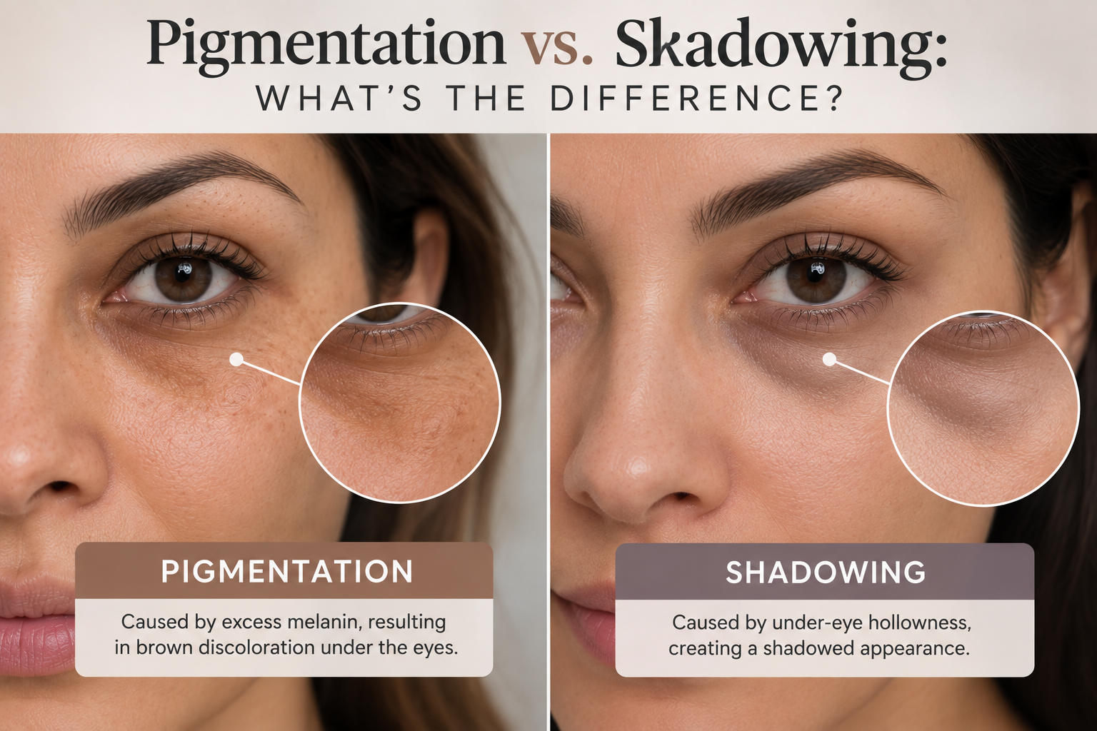 Side-by-side comparison showing brown under-eye pigmentation versus shadowing caused by under-eye hollowness on a woman’s face.