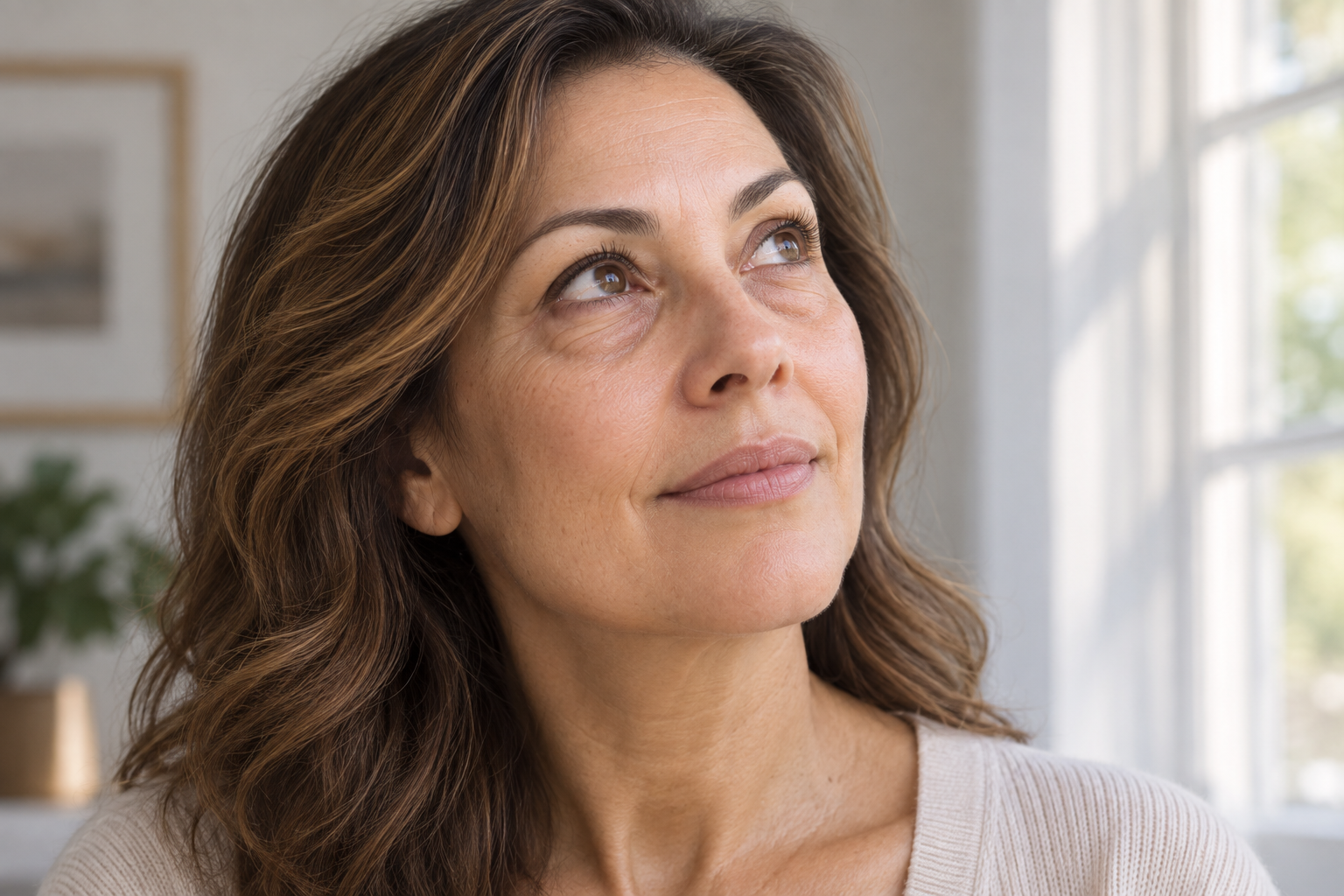 Woman in her early 50s looking toward soft window light, with natural under-eye texture, mild darkness, and subtle hollowness clearly visible.