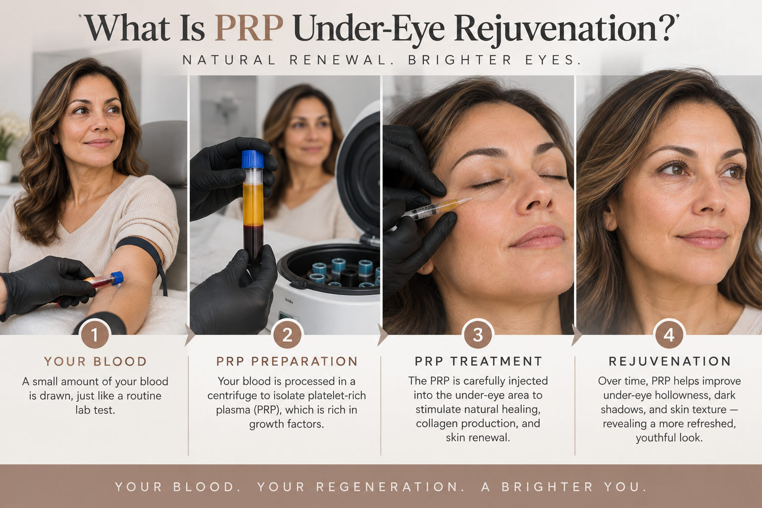 Four-step illustration of PRP under-eye rejuvenation showing a blood draw, PRP preparation in a centrifuge, under-eye PRP treatment, and the customer after recovery.