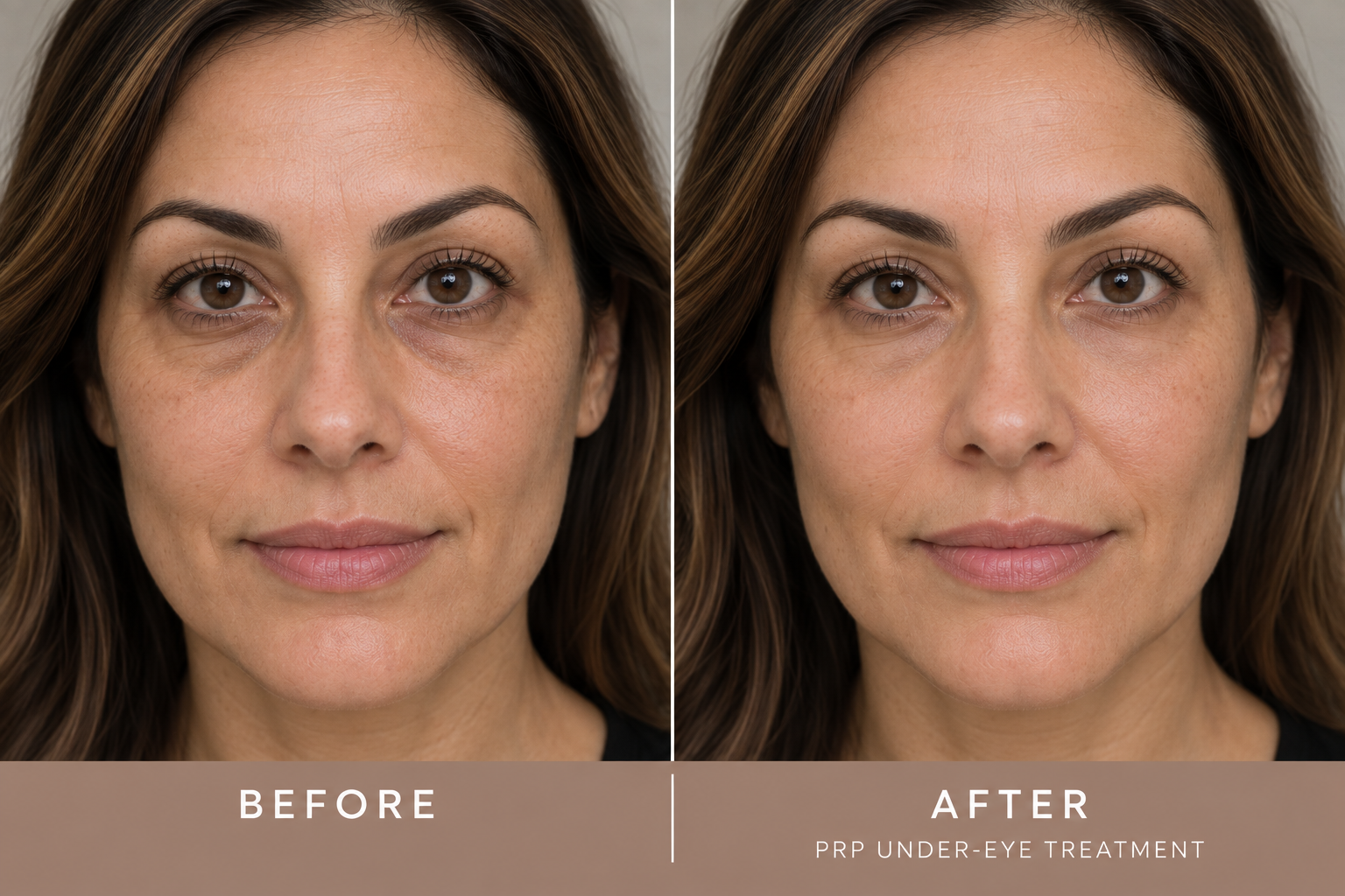 Before-and-after comparison of the same woman showing subtle improvement in under-eye darkness and texture after PRP treatment while maintaining natural skin appearance.