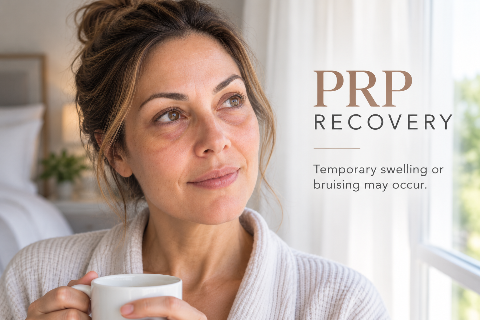 Woman with mild temporary under-eye puffiness during recovery after PRP treatment