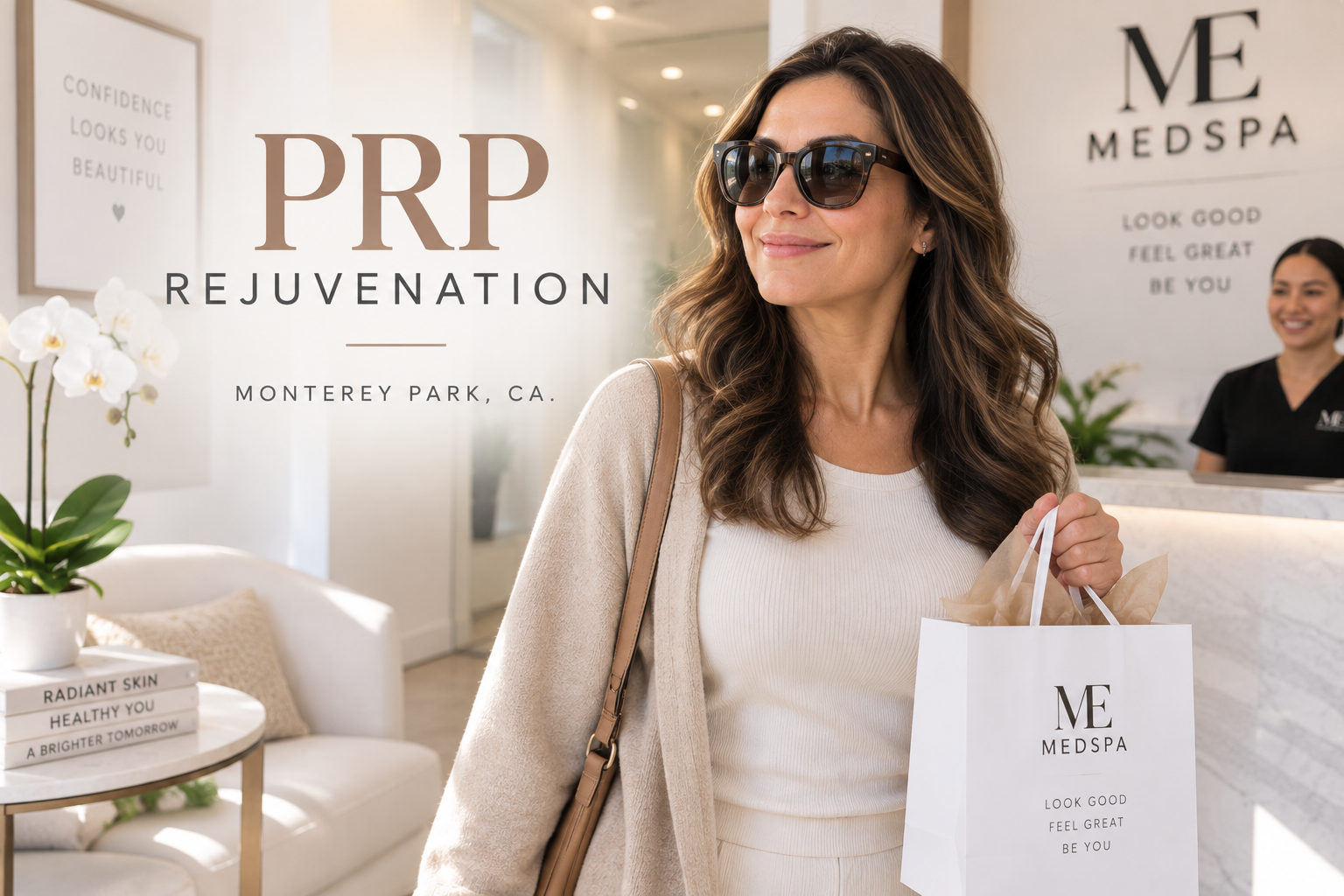  Woman leaving a medspa after an under-eye PRP rejuvenation appointment in Monterey Park