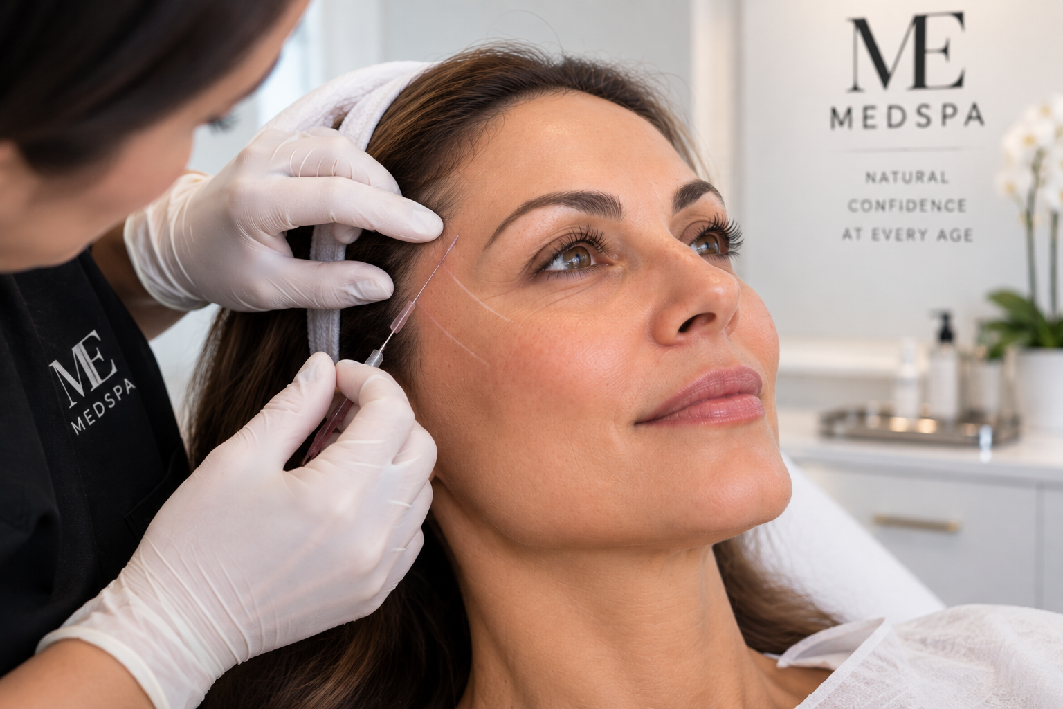 Woman receiving a professional thread lift treatment along the cheek and temple in a bright, modern medspa treatment room.