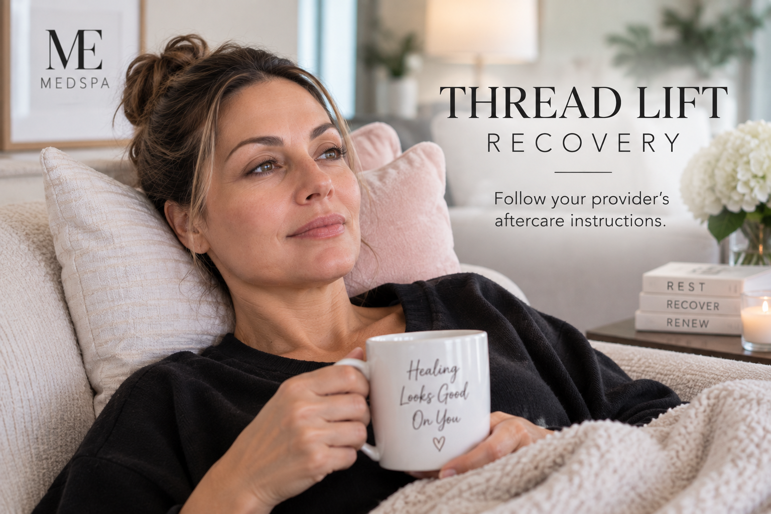 woman with mild temporary swelling during recovery after a lower-face thread lift
