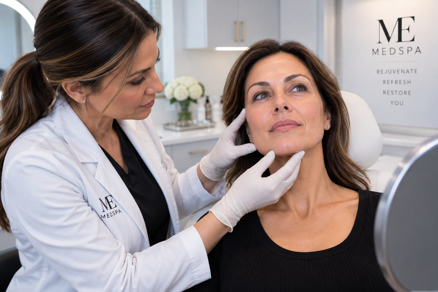 Provider assessing a woman's facial anatomy before an injectable or thread lift treatment