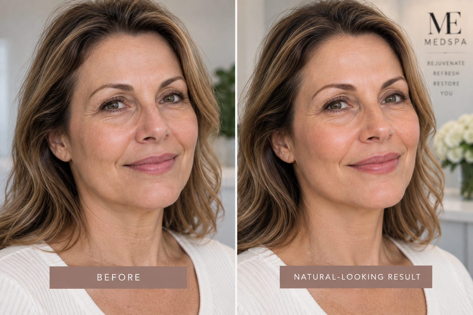  Before and after portrait showing natural-looking facial rejuvenation while preserving the woman's facial features