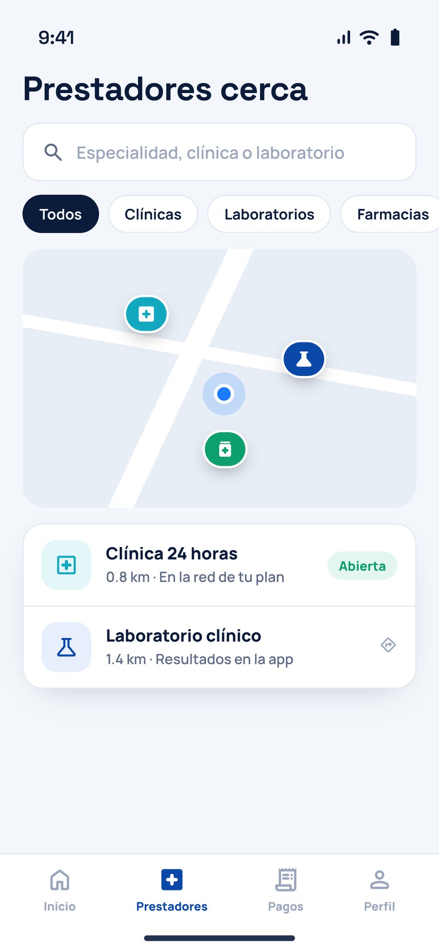 Nearby health providers on a map and in a list
