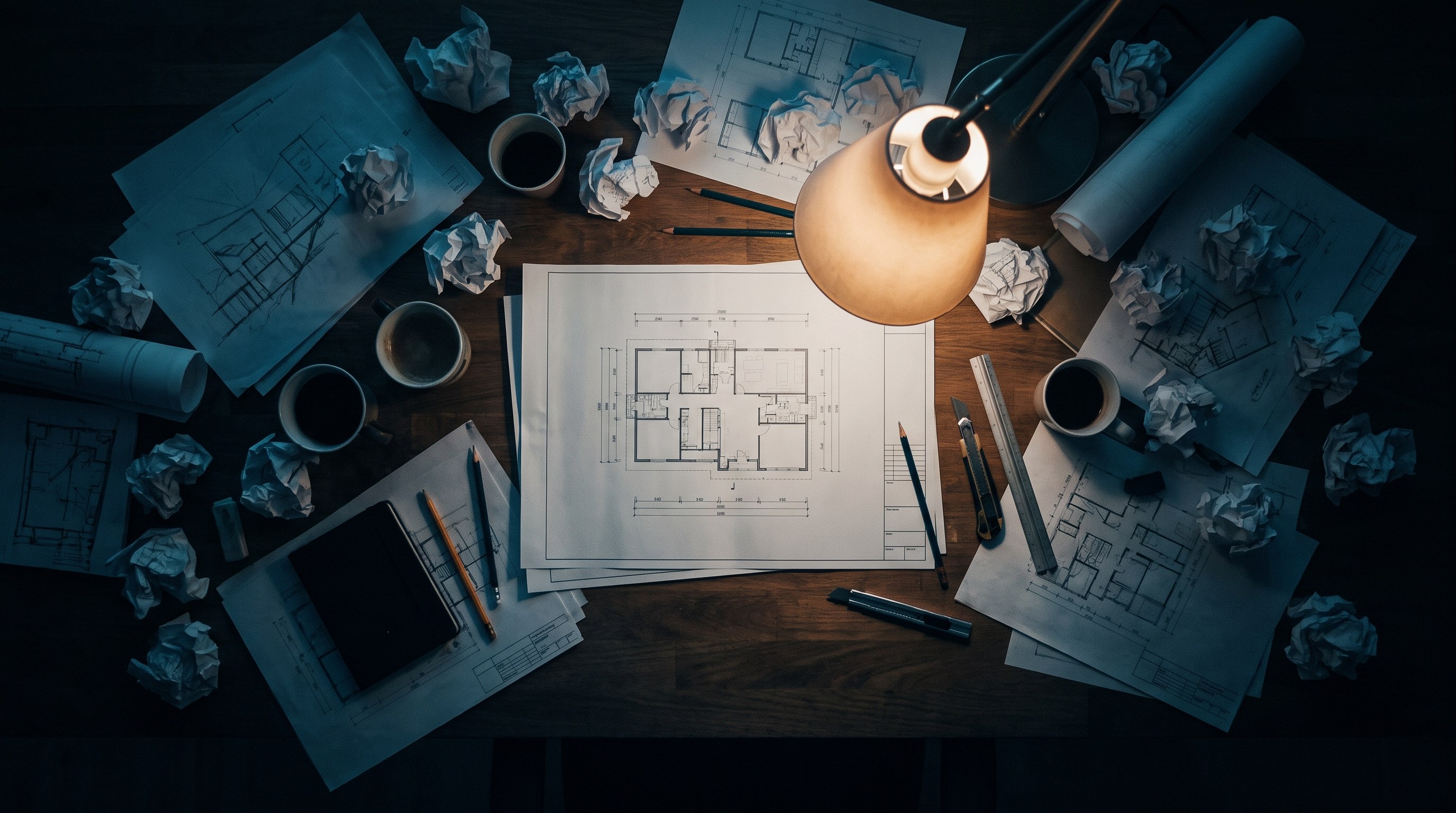 An architect's desk covered in crumpled drafts, one clean blueprint lit by a lamp