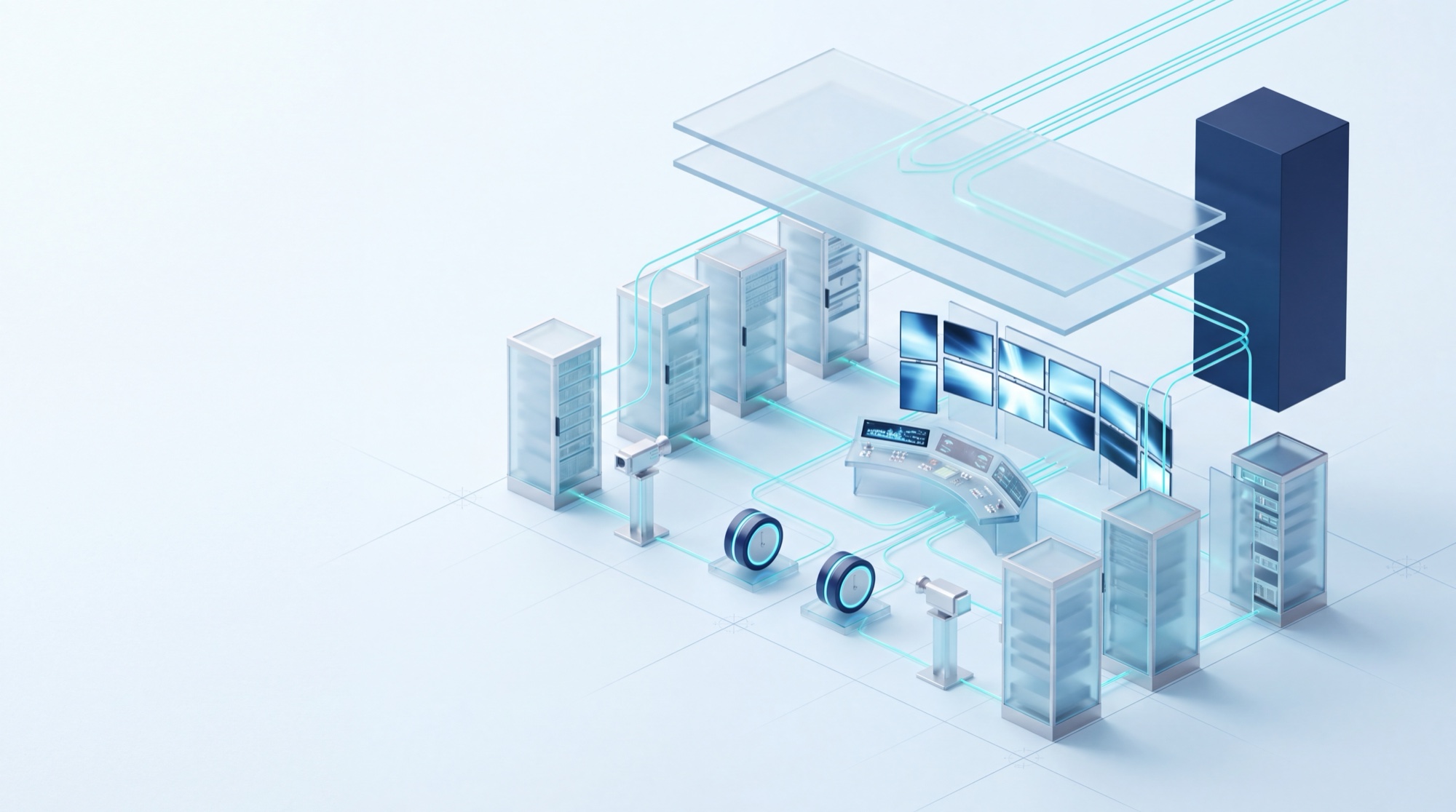 Isometric abstraction of the rebuilt facility: equipment racks, a curved operator console, a wall of displays, cameras and timing units in frosted glass, every element connected by light paths that converge into two parallel planes, the two independent network paths. A dark block, the retired router, lifts out of the scene.