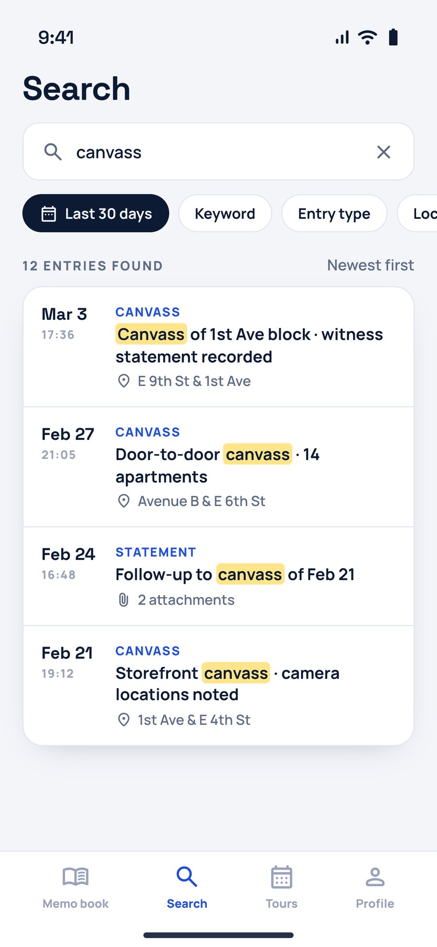 Searching past entries by keyword and date range