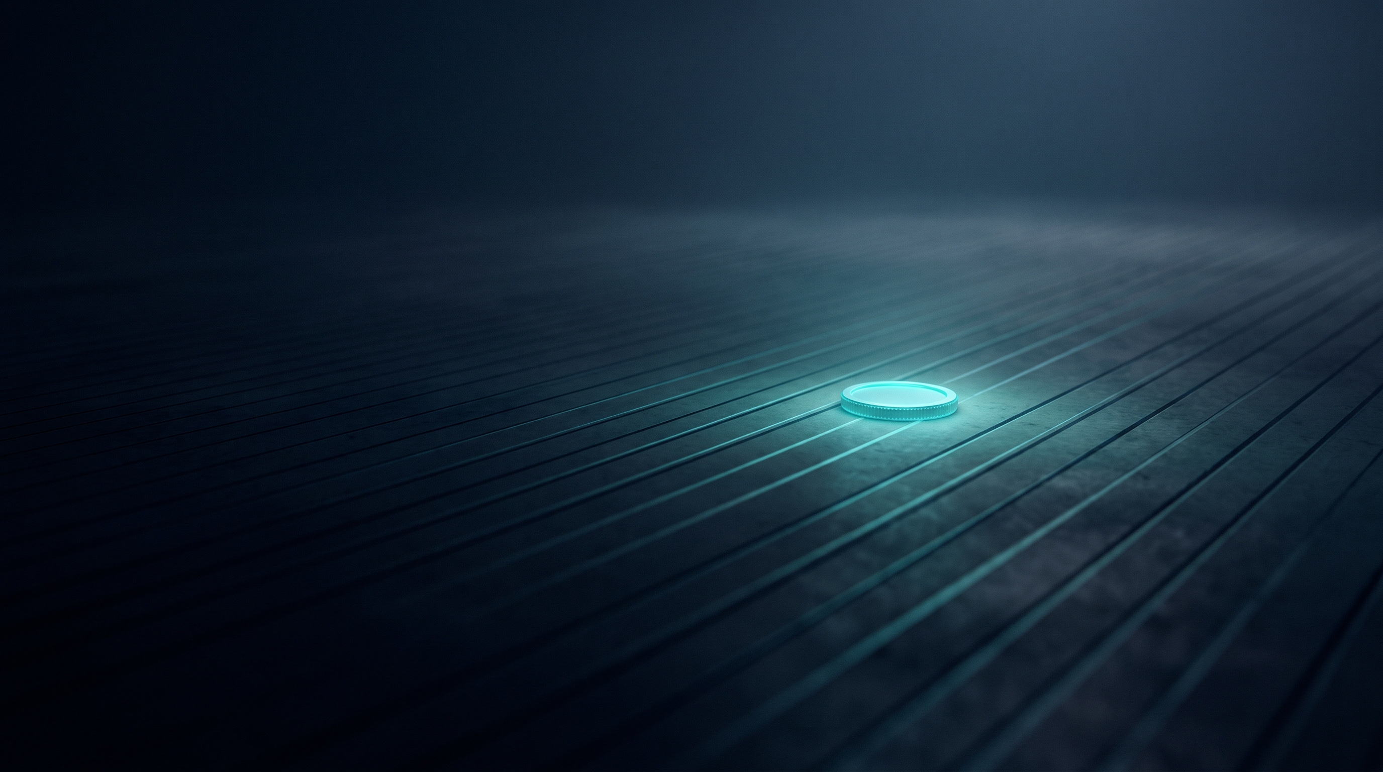 A single glowing token resting on a wide ledger of dark ruled lines that stretch far into the distance, the ledger lines catching the light