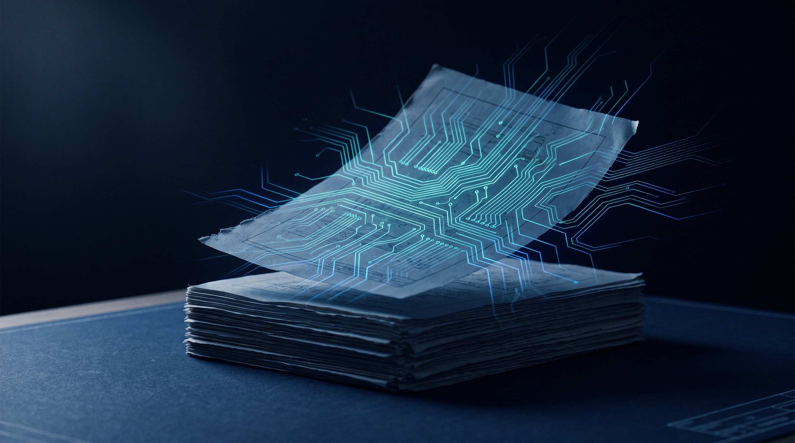 A federal specification document lifting off a stack, its printed lines dissolving into traced signal paths