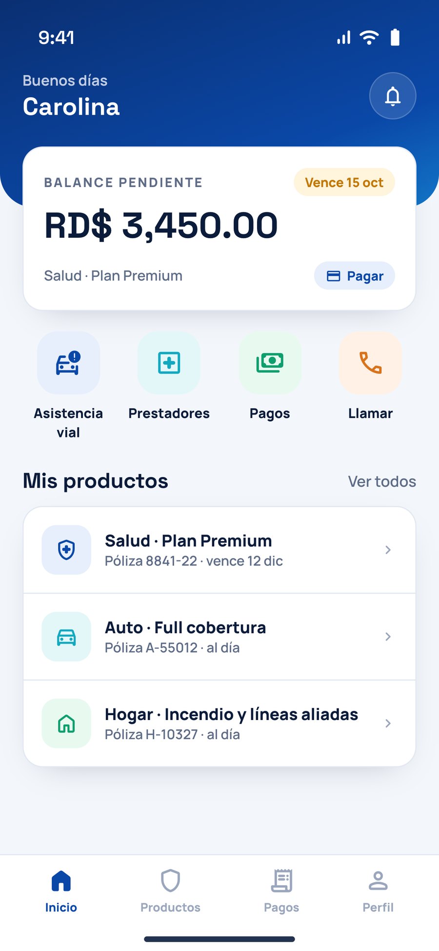 The home screen: balance due, quick actions and every product at a glance