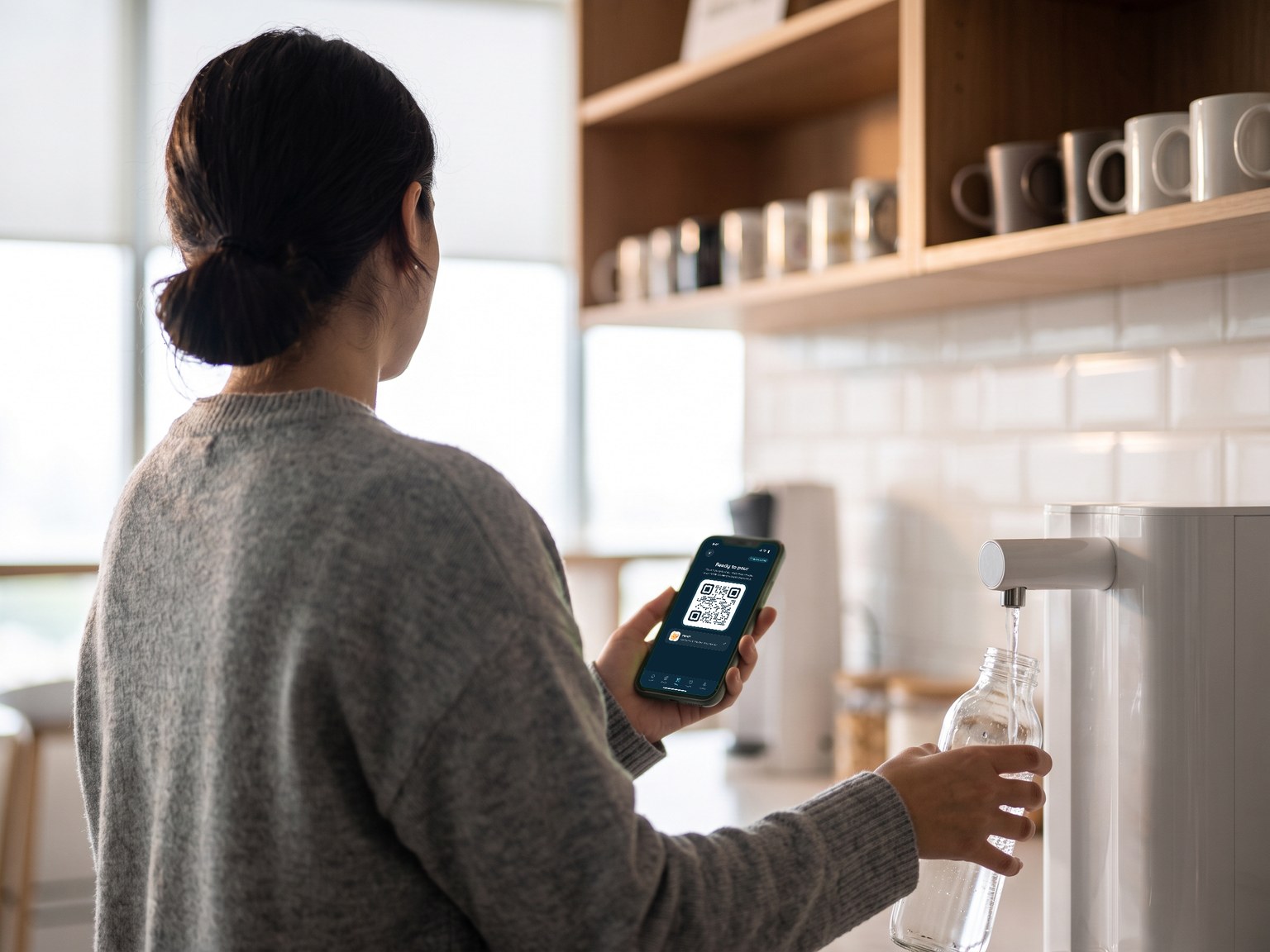 A woman in a bright office pantry fills her reusable bottle at a water dispenser while checking the hydration app on her phone