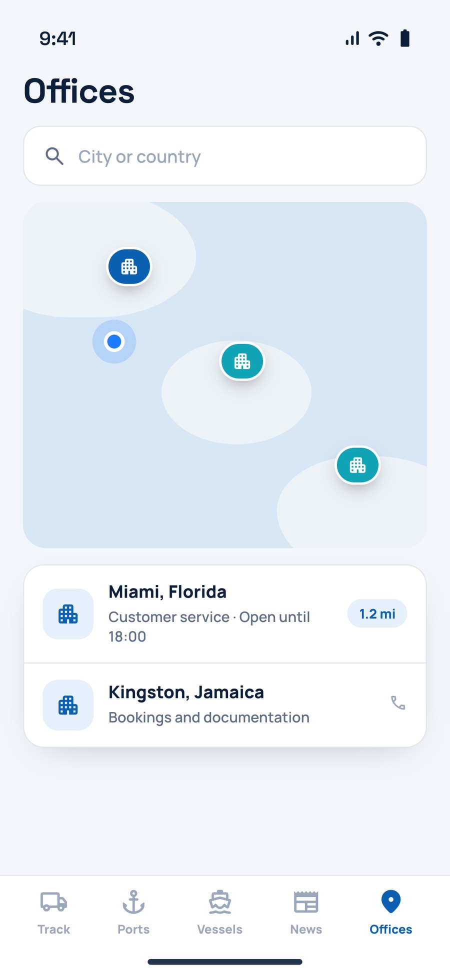 The office finder with a map and the nearest offices
