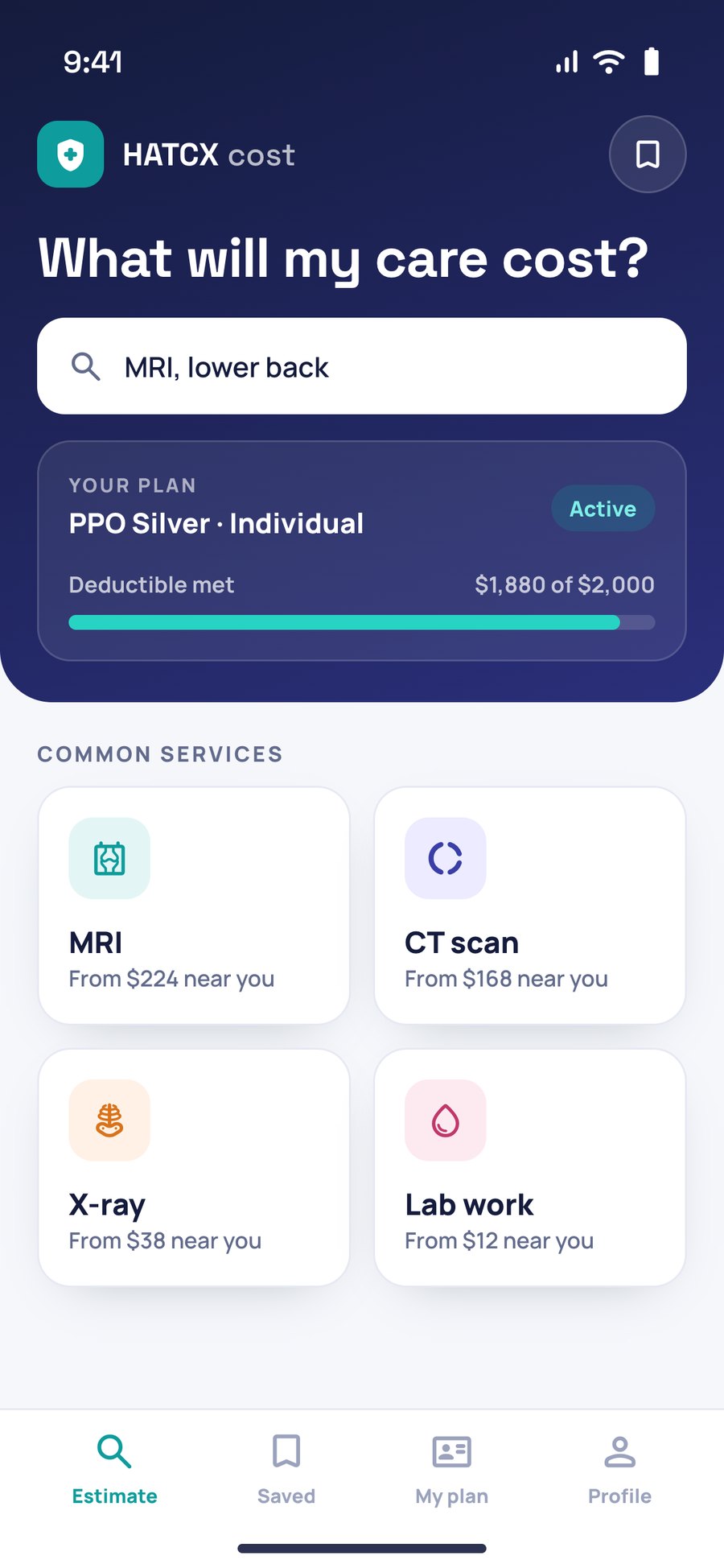 Searching for a service, with the person's plan and deductible shown up front