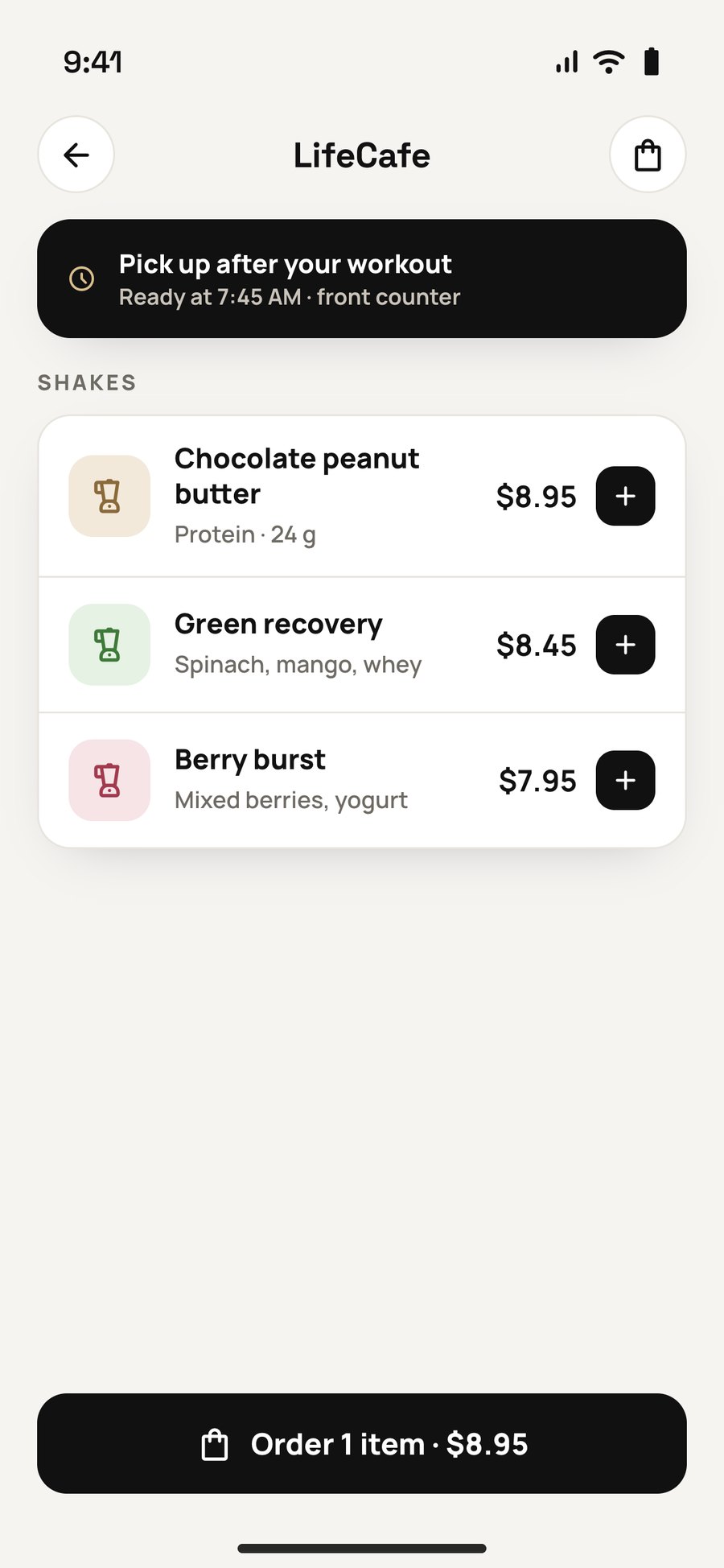 Ordering a shake from the LifeCafe for pickup after a workout