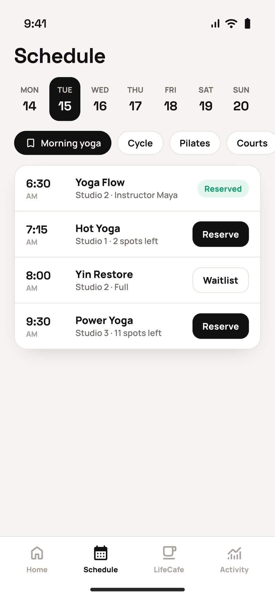 The class schedule with a saved search and reservations