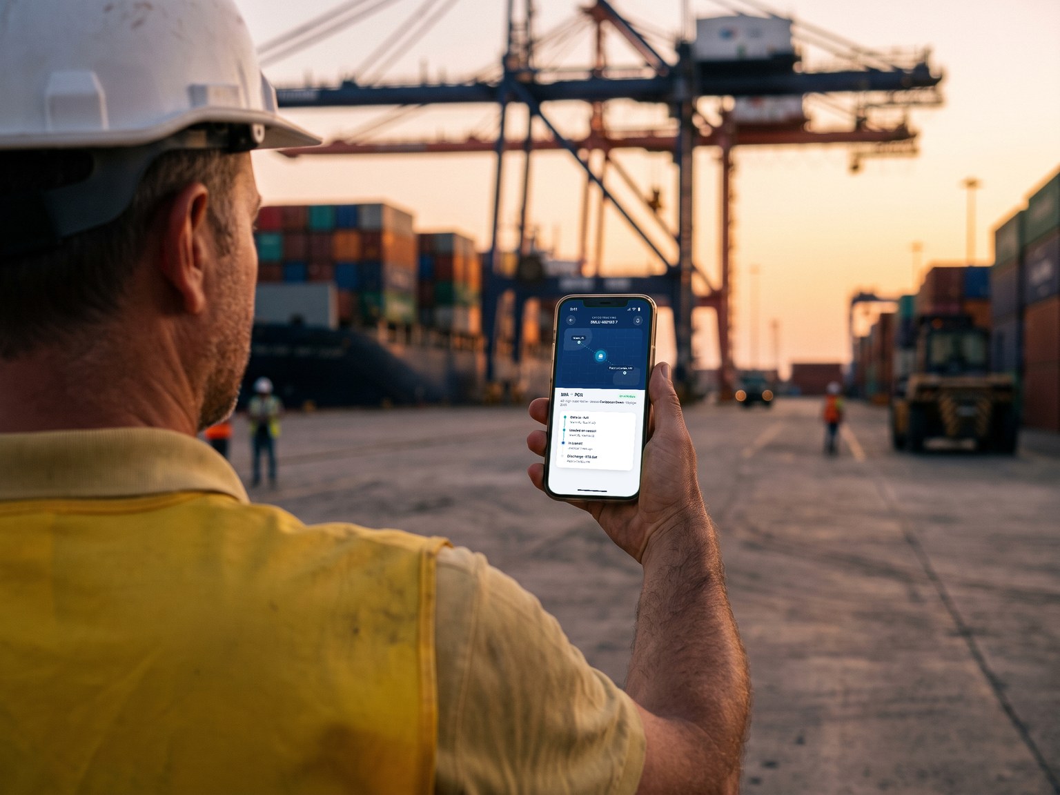A logistics coordinator on a container port quay at golden hour checks cargo tracking on a phone