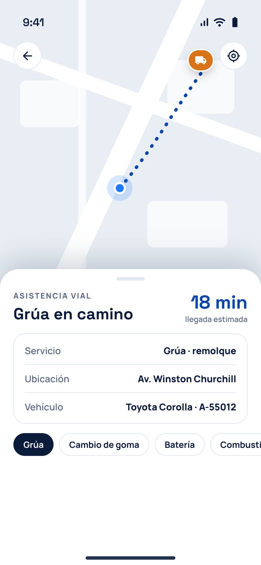 Roadside assistance on its way, with the service, the location and the vehicle