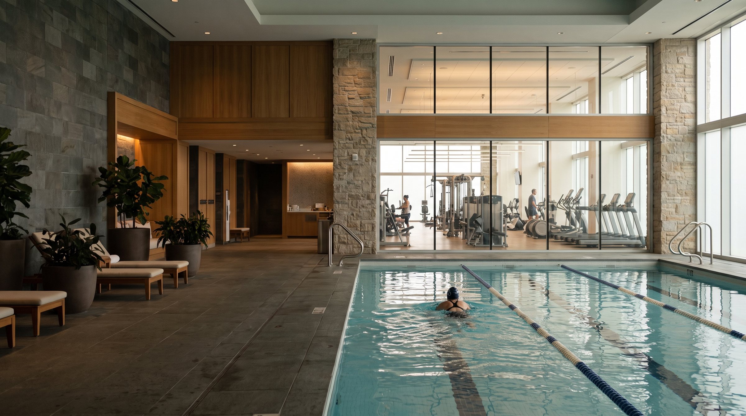 A lap pool and fitness floor inside a premium athletic club in the early morning