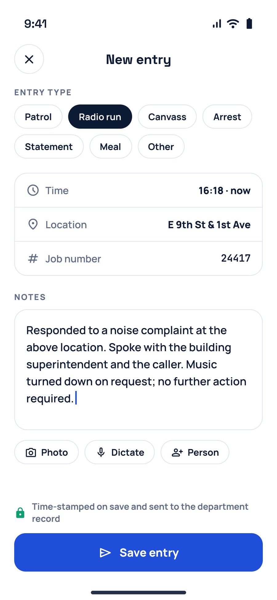 Writing a new entry: entry type, time, location and notes, time-stamped on save