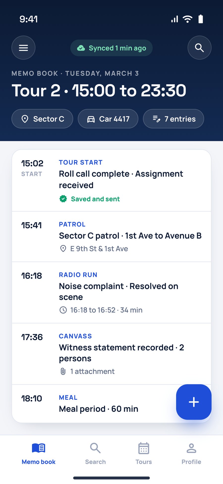 The memo book for one tour: every entry time-stamped and marked as saved and sent