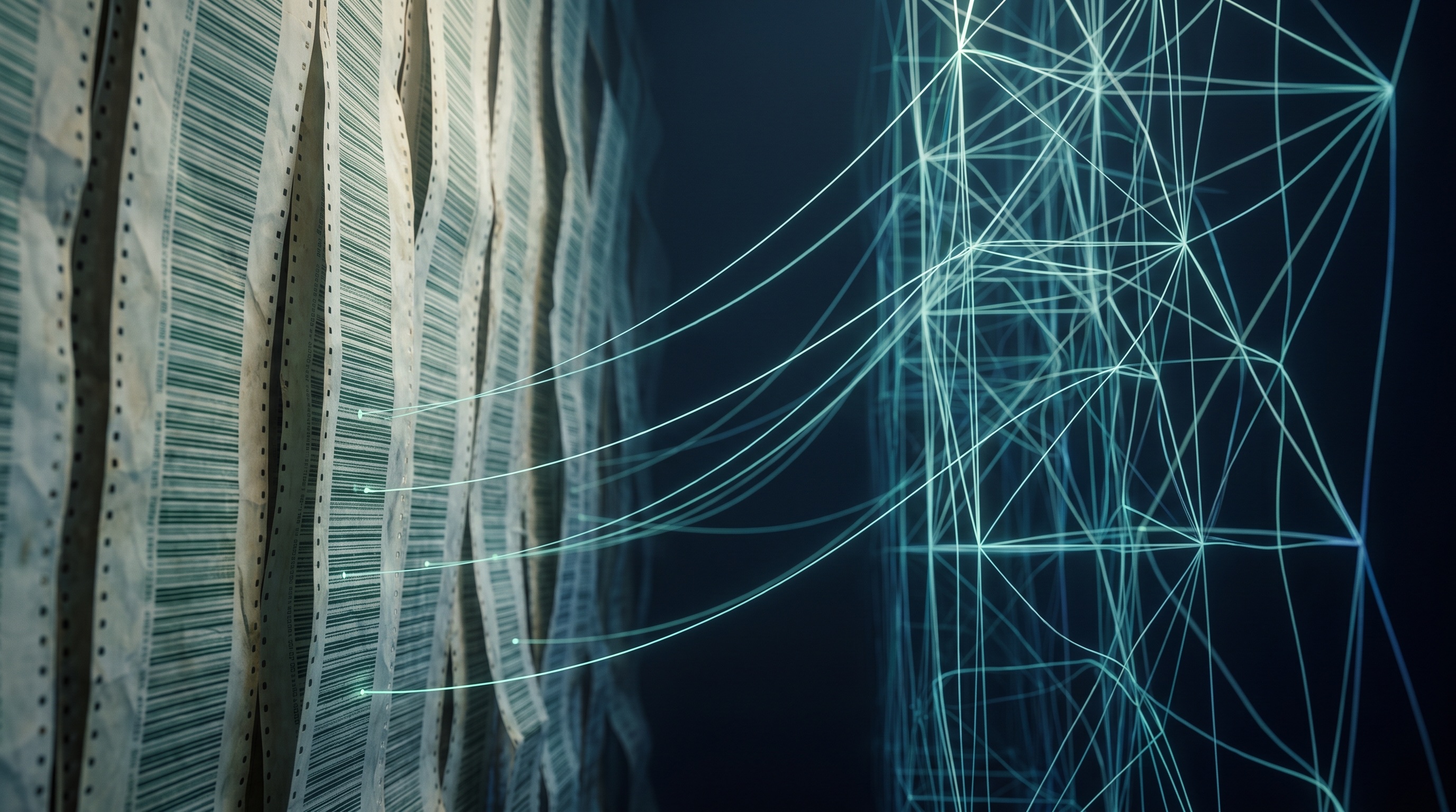 A wall of dense legacy code resolving into a clean structural framework, with individual lines traced across the gap