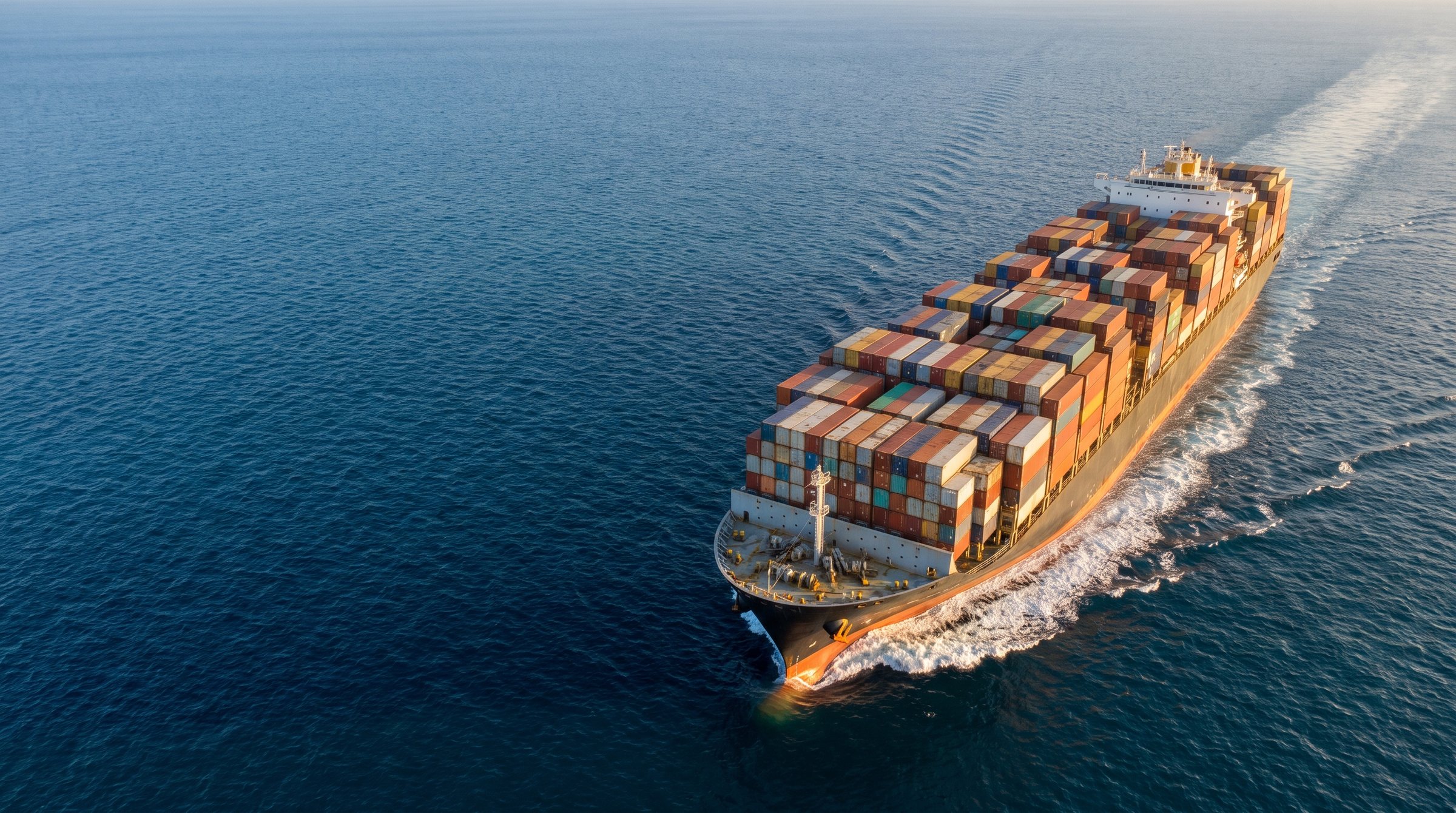 A large container ship at sea, loaded with containers, seen from above