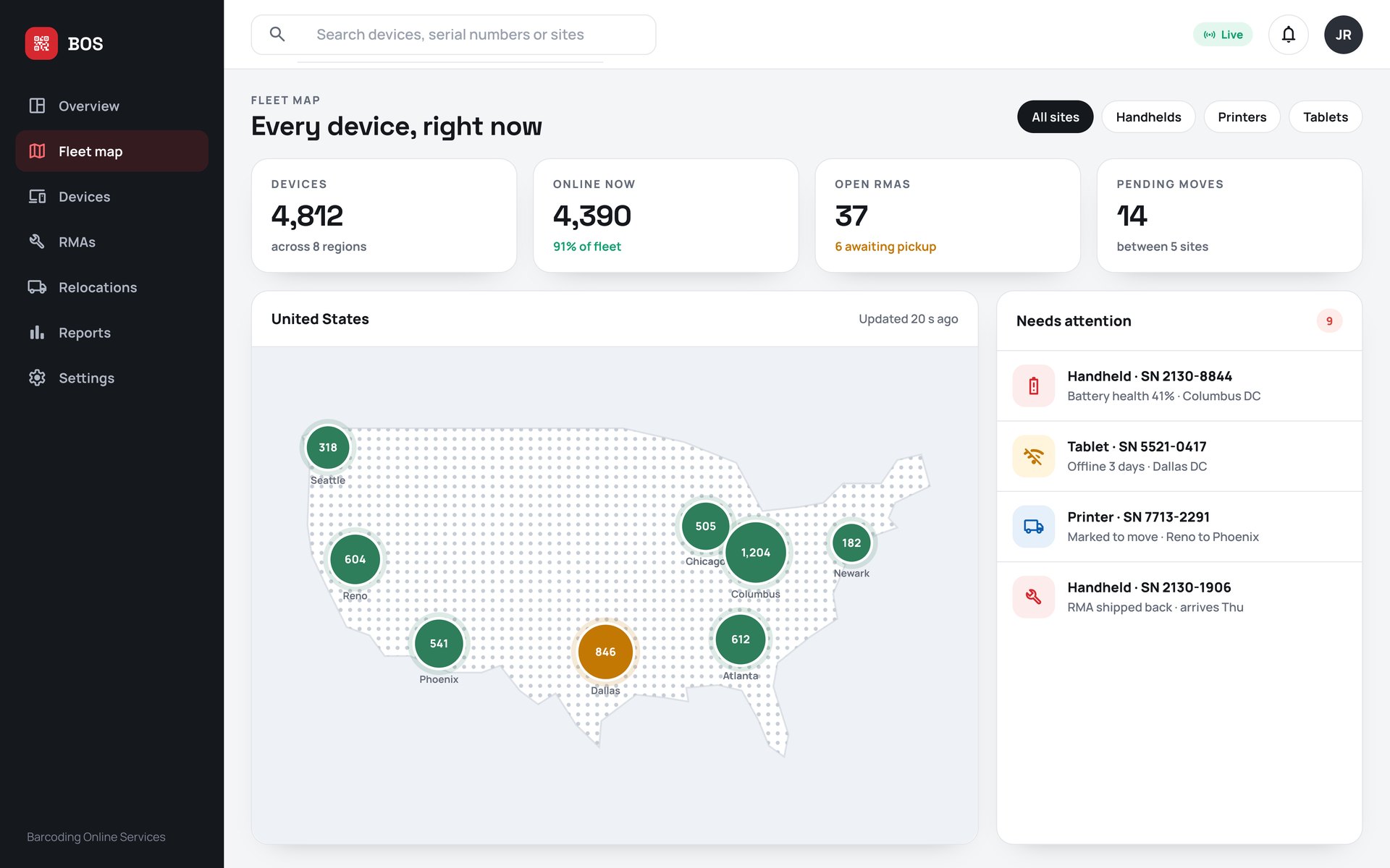 The fleet map in BOS: device counts by region, fleet health and the devices that need attention