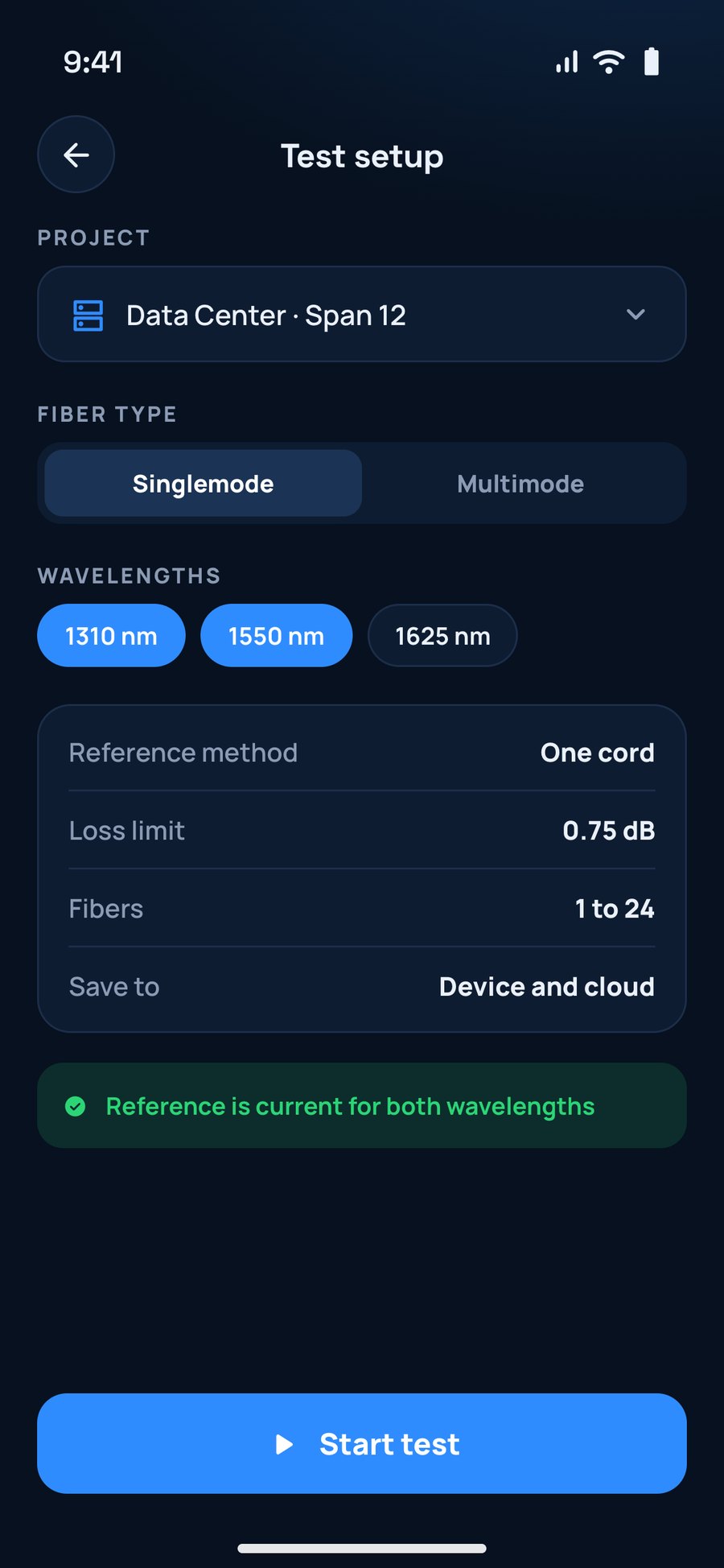 Test setup: project, fiber type, wavelengths and loss limit