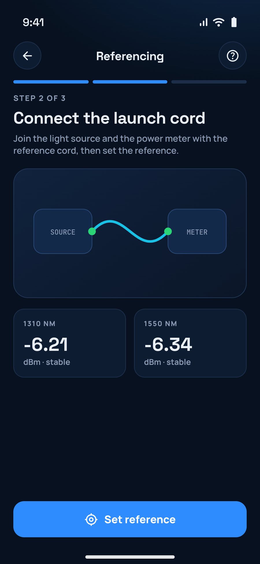 Referencing: connecting the launch cord and setting the reference before a test