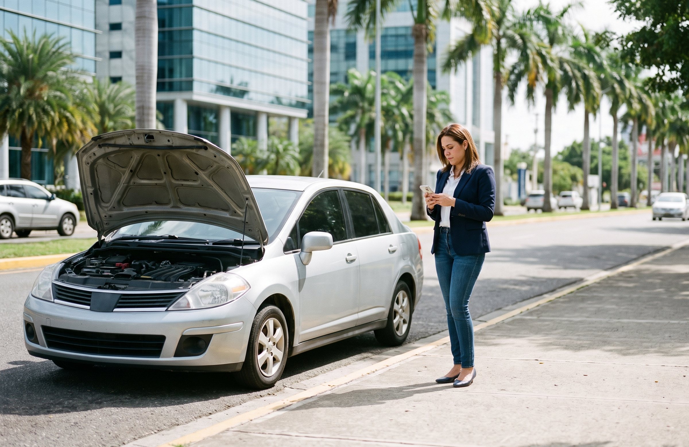 A driver beside her car on a Santo Domingo avenue, requesting assistance from her phone