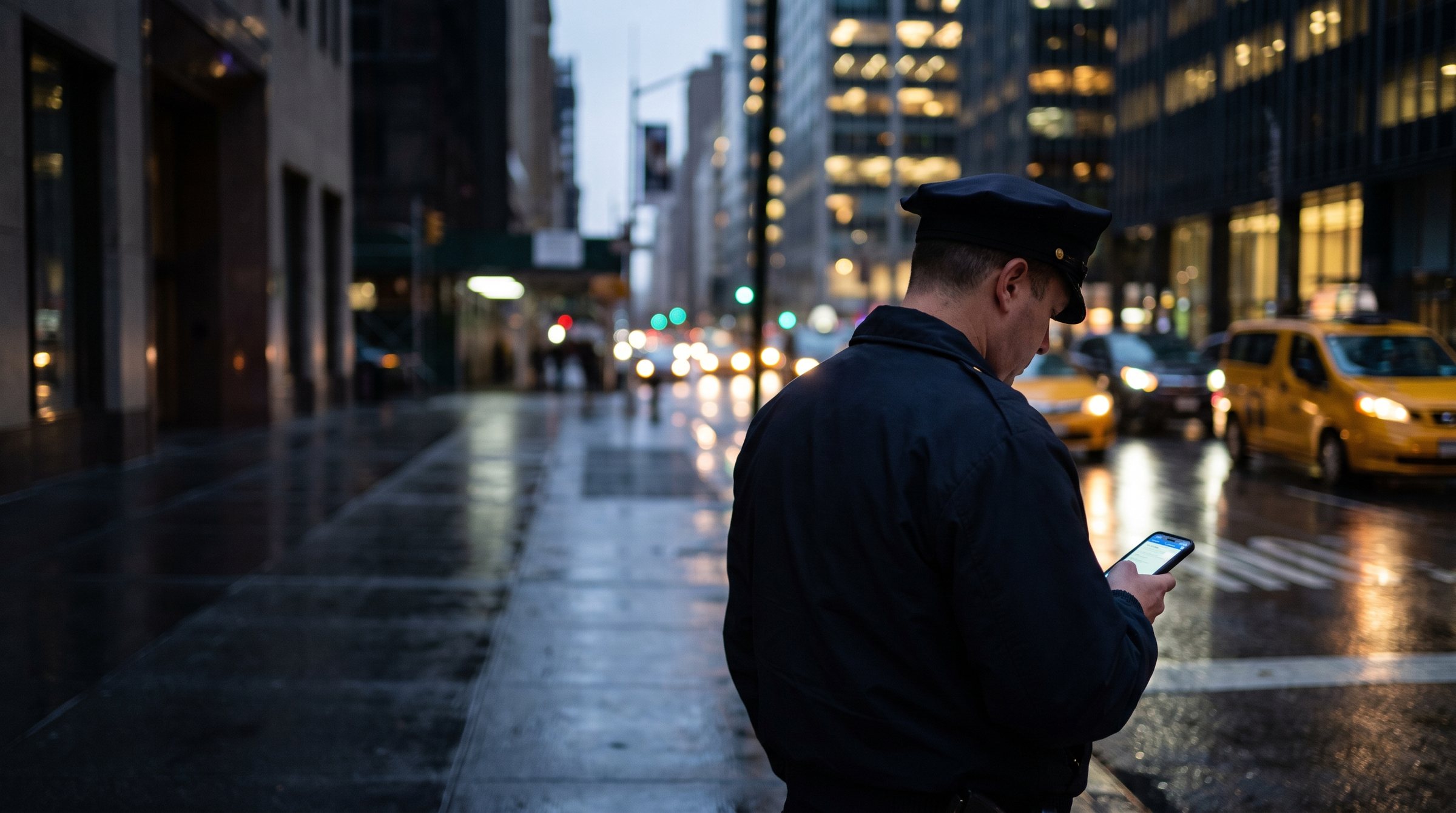 A New York City police officer on a Manhattan street at dusk, checking a phone